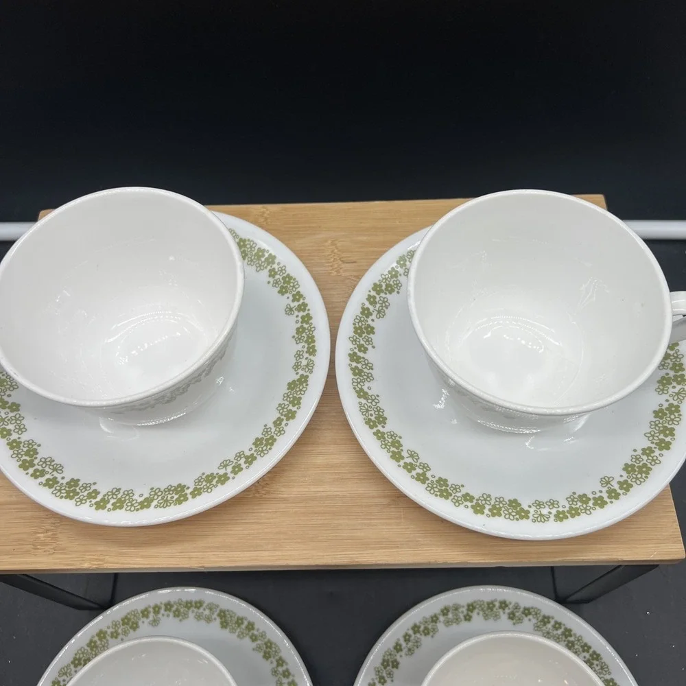 Vintage Corelle Green Spring Blossom Crazy Daisy Coffee Tea Cup Saucer Set of 4